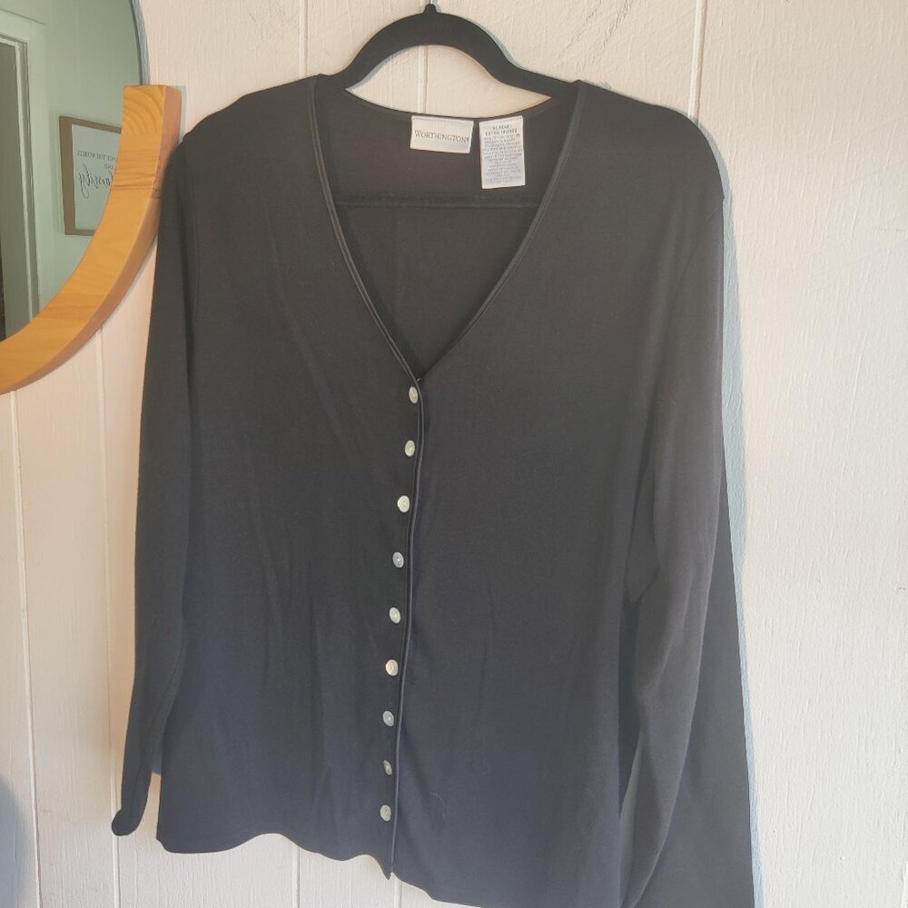 Worthington Black Cotton Blend Cardigan & Mother of Pearl Buttons, V-neck SzXL